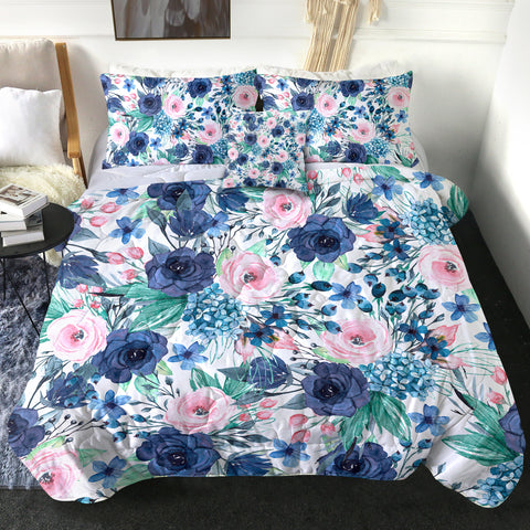 Image of 4 Pieces Blue & Pink Roses SWBD1195 Comforter Set