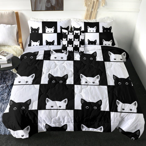 Image of B&W Cats Checkerboard SWBD3488 Comforter Set