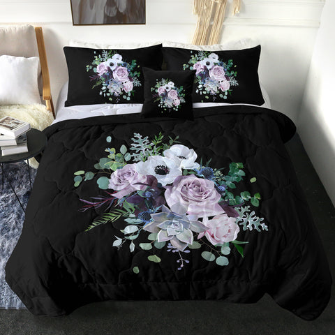 Image of Purple Flowers On Black SWBD3700 Comforter Set