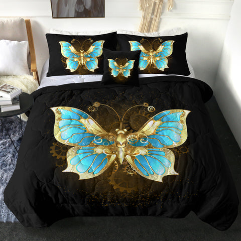 Image of Golden Satin Blue Butterfly SWBD4113 Comforter Set