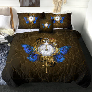 Vintage Golden Clock Blue Butterfly SWBD4122 Comforter Set