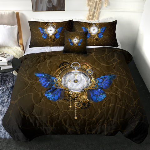 Image of Vintage Golden Clock Blue Butterfly SWBD4122 Comforter Set