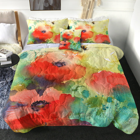 Image of Red Flowers & Green Leaves Watercolor Painting SWBD4398 Comforter Set