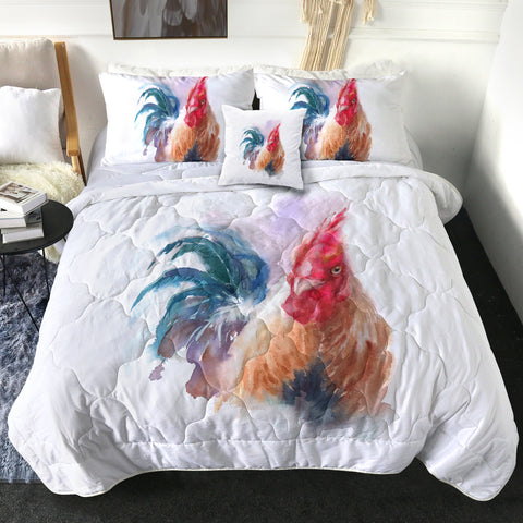 Image of Rooster White Theme Watercolor Painting SWBD4399 Comforter Set