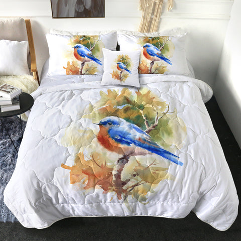 Image of Blue Sparrow White Theme Watercolor Painting SWBD4401 Comforter Set