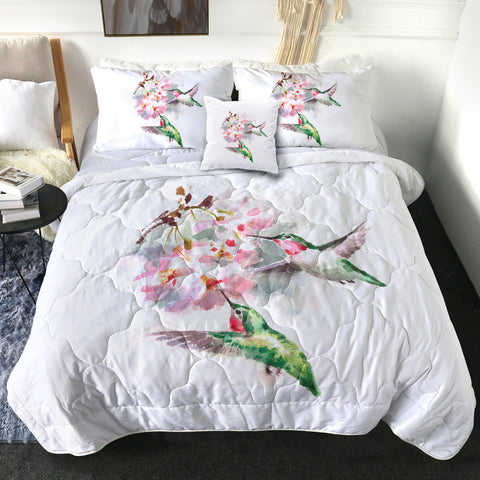 Image of Green Sunbirds Sucking Flowers Watercolor Painting SWBD4408 Comforter Set