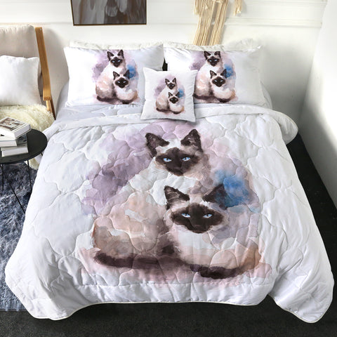 Image of Two Thai Cats Blue & Purple Theme Watercolor Painting SWBD4410 Comforter Set
