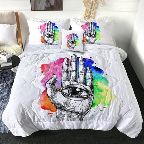 Image of Eye In Hand Sketch Colorful Galaxy Background SWBD4420 Comforter Set