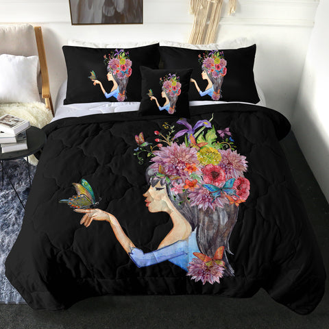 Image of Butterfly Standing On Hand Of Floral Hair Lady SWBD4424 Comforter Set