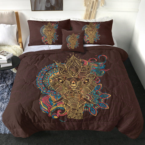 Image of Golden Elephant Buddha Mandala Brown Theme SWBD4425 Comforter Set