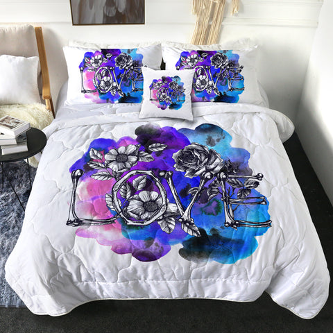 Image of Dark Love Bone and Flowers BLue & Pink Watercolor SWBD4435 Comforter Set