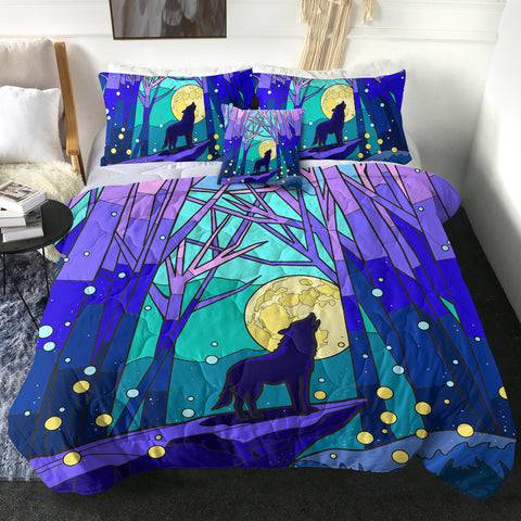 Image of Roaring Wolf In Jungle Night Illustration SWBD4438 Comforter Set