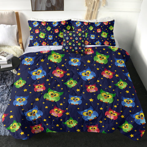 Image of Multi Cute Colorful Owls Night Sky Illustration SWBD4448 Comforter Set