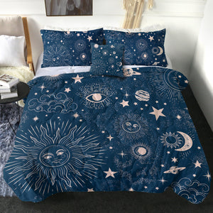 Retro Cream Sun Moon Star Sketch Galaxy Navy Theme SWBD4520 Comforter Set