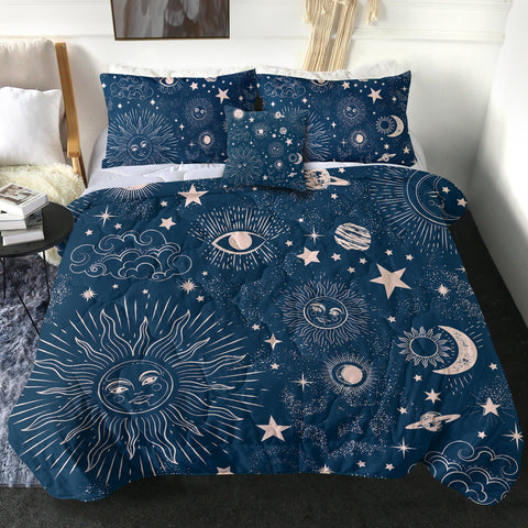 Image of Retro Cream Sun Moon Star Sketch Galaxy Navy Theme SWBD4520 Comforter Set