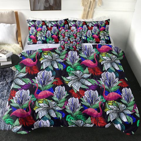 Image of Multi Flamingos & Flowers Full Screen SWBD4597 Comforter Set