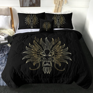 Golden Asian Dragon Head Black Theme SWBD4598 Comforter Set