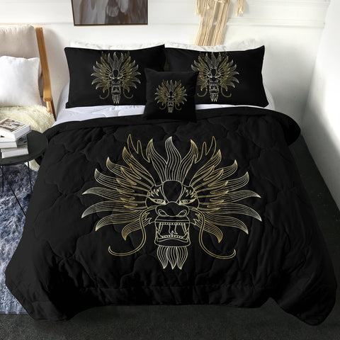 Image of Golden Asian Dragon Head Black Theme SWBD4598 Comforter Set