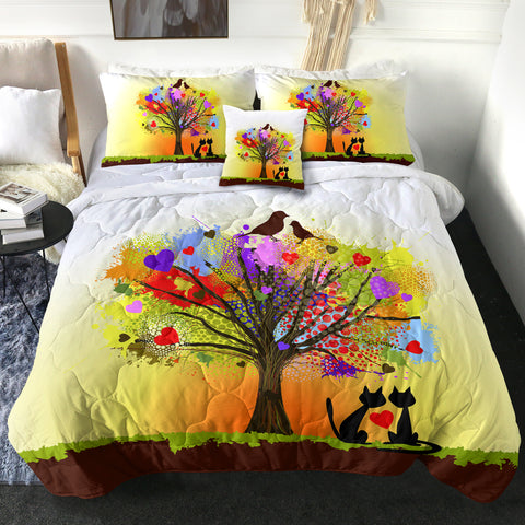 Image of Birds & Cats Couple Colorful Tree Theme SWBD4727 Comforter Set