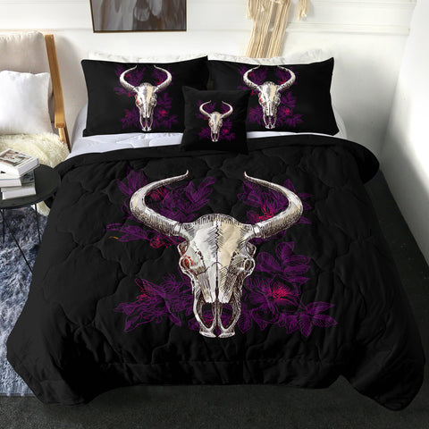 Image of Vintage Dark Purple Floral Buffalo Skull SWBD4733 Comforter Set
