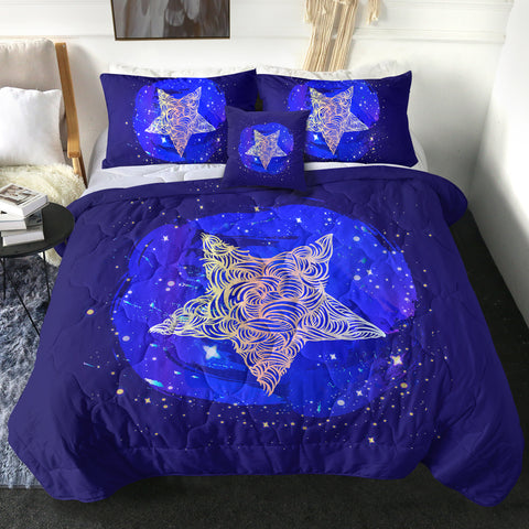 Image of Yellow Curve Star White Dot Blue Theme SWBD4734 Comforter Set