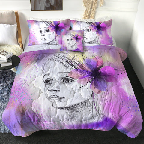 Image of Purple Floral On Lady's Ear Sketch SWBD4752 Comforter Set