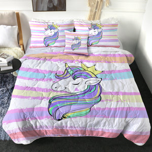 Happy Unicorn Queen Crown Colorful Stripes SWBD5203 Comforter Set