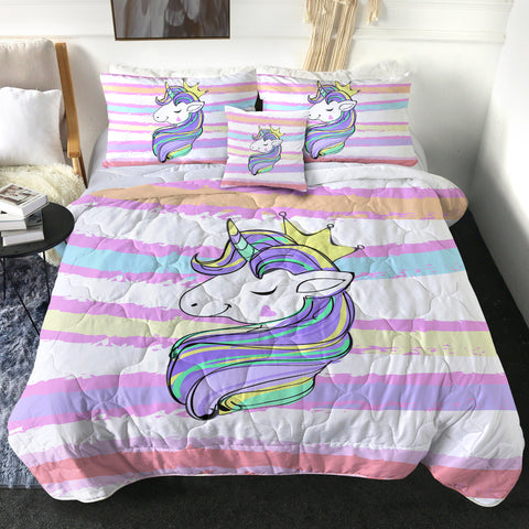 Image of Happy Unicorn Queen Crown Colorful Stripes SWBD5203 Comforter Set
