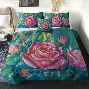 Watercolor Pink Roses Green Theme SWBD5250 Comforter Set