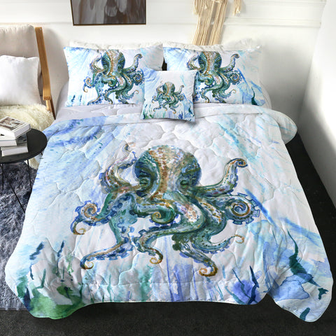 Image of Watercolor Big Octopus Blue & Green Theme SWBD5341 Comforter Set