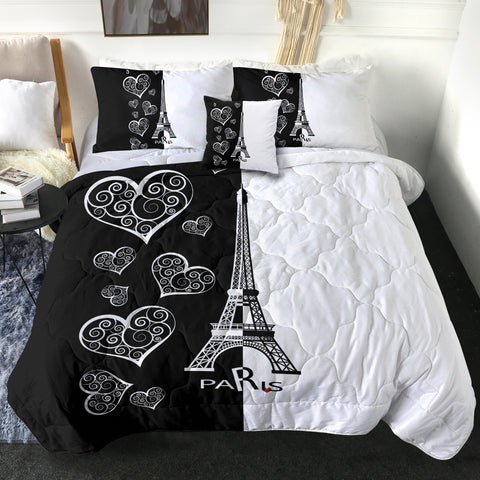 Image of B&W Multi Heart & Eiffel Tower In Paris SWBD5352 Comforter Set
