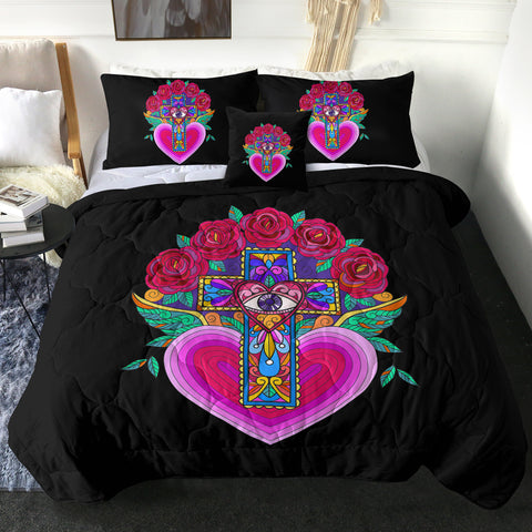 Image of Old School Cross Heart Illustration Pink Color SWBD5356 Comforter Set