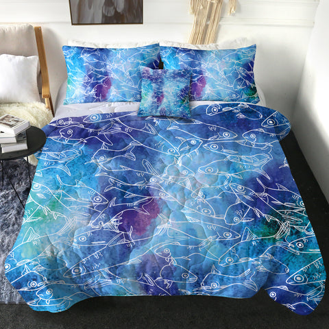 Image of Multi Small Fishes White Line Ocean Theme SWBD5498 Comforter Set