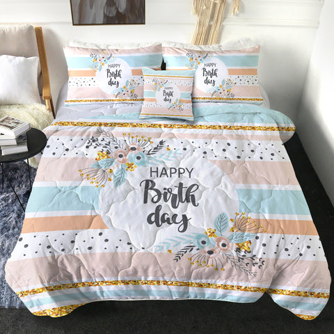 Image of Happy Birthday Floral Pastel Stripes SWBD5596 Comforter Set