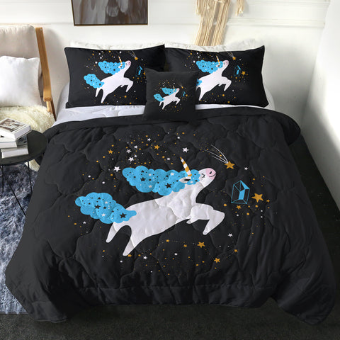 Image of Flying Cute Blue Hair Unicorn In Universe SWBD6222 Comforter Set