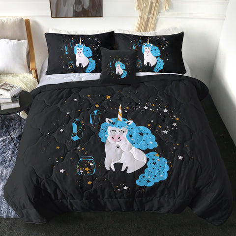 Image of Smiling Blue Hair Unicorn Among Stars SWBD6224 Comforter Set