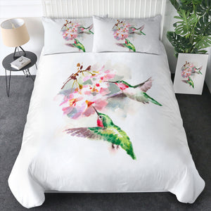 Green Sunbirds Sucking Flowers Watercolor Painting SWBJ4408 Bedding Set