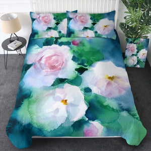 White Flowers & Green Leaves Watercolor Painting SWBJ4409 Bedding Set