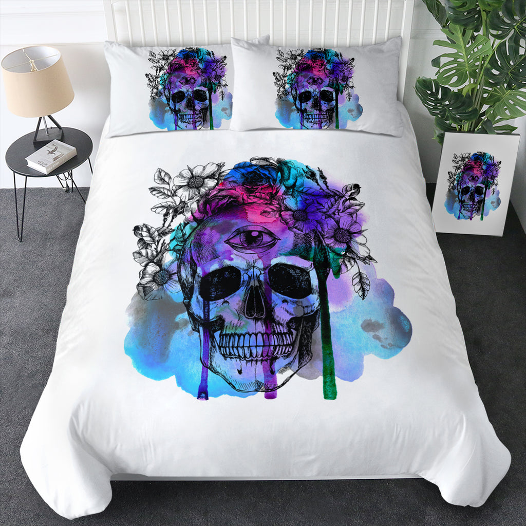 Floral Skull Black Sketch Blue & Pink Watercolor SWBJ4433 Bedding Set