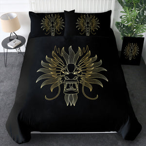 Golden Asian Dragon Head Black Theme SWBJ4598 Bedding Set