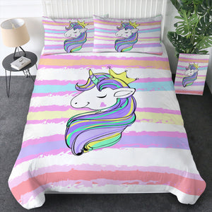 Happy Unicorn Queen Crown Colorful Stripes SWBJ5203 Bedding Set
