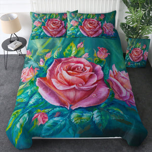 Watercolor Pink Roses Green Theme SWB5250 Bedding Set