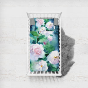 White Flowers & Green Leaves Watercolor Painting SWCC4409 Crib Bedding, Crib Fitted Sheet, Crib Blanket