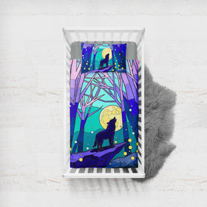 Roaring Wolf In Jungle Night Illustration SWCC4438 Crib Bedding, Crib Fitted Sheet, Crib Blanket