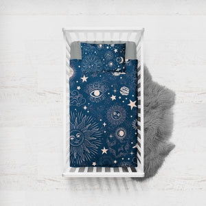 Retro Cream Sun Moon Star Sketch Galaxy Navy Theme SWCC4520 Crib Bedding, Crib Fitted Sheet, Crib Blanket