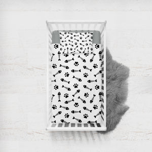 B&W Cute Fish Bone & Dog Footprint Monogram SWCC4605 Crib Bedding, Crib Fitted Sheet, Crib Blanket