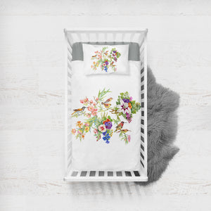 Multi Flowers & Sunbirds White Theme SWCC4732 Crib Bedding, Crib Fitted Sheet, Crib Blanket
