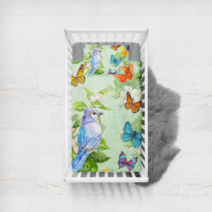 Watercolor Big Blue Sunbird & Colorful Butterflies SWCC4739 Crib Bedding, Crib Fitted Sheet, Crib Blanket