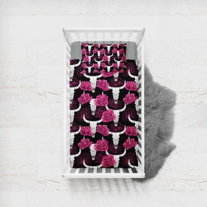 Multi Pink Roses & Buffalo Skull SWCC5186 Crib Bedding, Crib Fitted Sheet, Crib Blanket