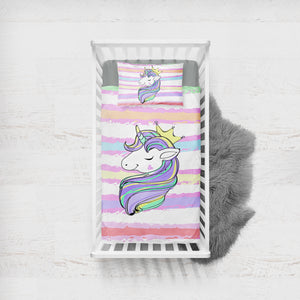 Happy Unicorn Queen Crown Colorful Stripes SWCC5203 Crib Bedding, Crib Fitted Sheet, Crib Blanket